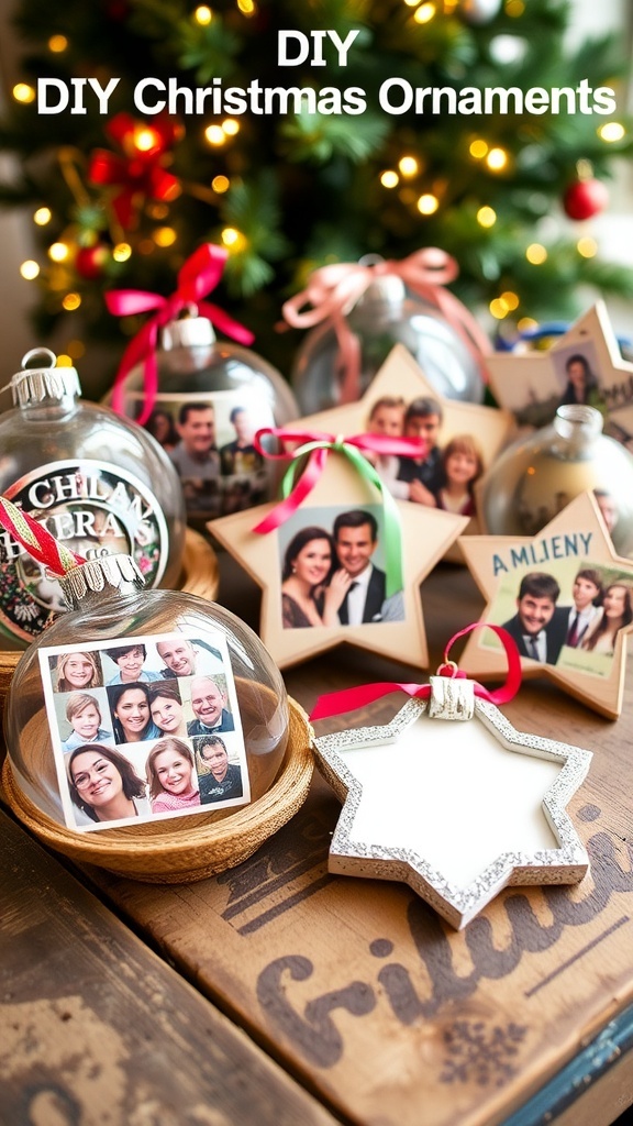 DIY Christmas ornaments with family photos on a wooden table, surrounded by a decorated Christmas tree.